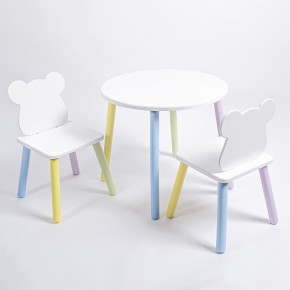 Комплект детский стол КРУГЛЫЙ и два стула МИШКА ROLTI Baby (белая столешница/белое сиденье/цветные ножки) в Урае - uray.ok-mebel.com | фото
